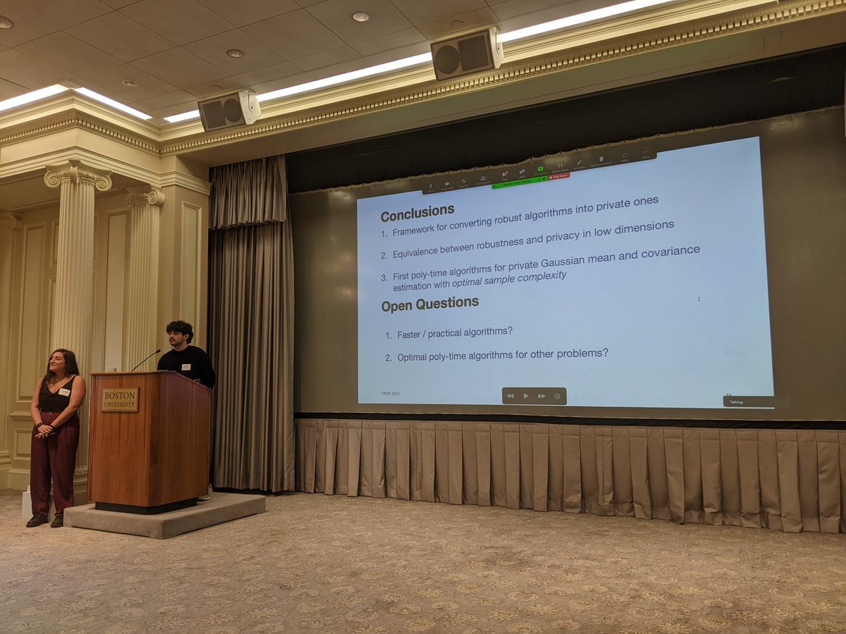 thegautamkamath's tweet photo. I'm in Boston for one day for a privacy workshop (TPDP 2023). @zakynthinou and @mahbodm_ present the first contributed talk, on showing how robust estimators imply private estimators. Check out both works! (https://t.co/T7UhkPlX2Y, https://t.co/k8fsj4SVJq) https://t.co/5F4JUR9P6w