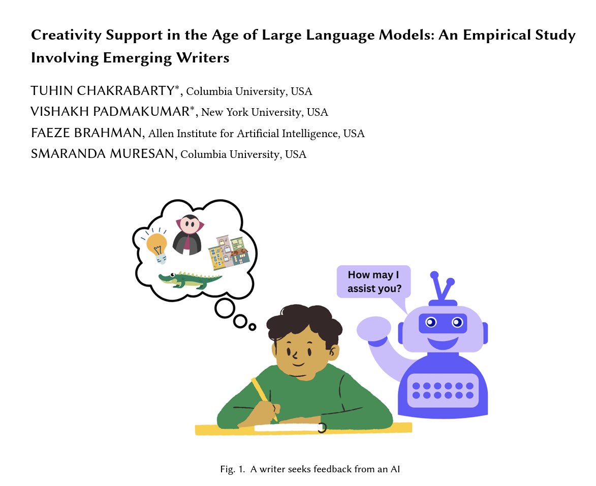 TuhinChakr's tweet image. 🚨AI-assisted writing is a nebulous space with researchers and writers being both curious & apprehensive. How useful are current SOTA LLMs to writers?What are their needs & expectations?If this intrigues you, then buckle up🚨
Paper: arxiv.org/pdf/2309.12570… #NLProc #HCI #ChatGPT