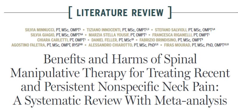 JOSPT's tweet photo. An extensive review of the literature on spinal manipulative (including mobilisation) therapy for both acute &amp; persistent #NeckPain

Spoiler: SMT seems to provide both short- and long-term benefits for #Pain &amp; #Disability

Full review ➡️ https://t.co/ZDMKwzuqrv

#yourJOSPT https://t.co/XATdS3ITzZ