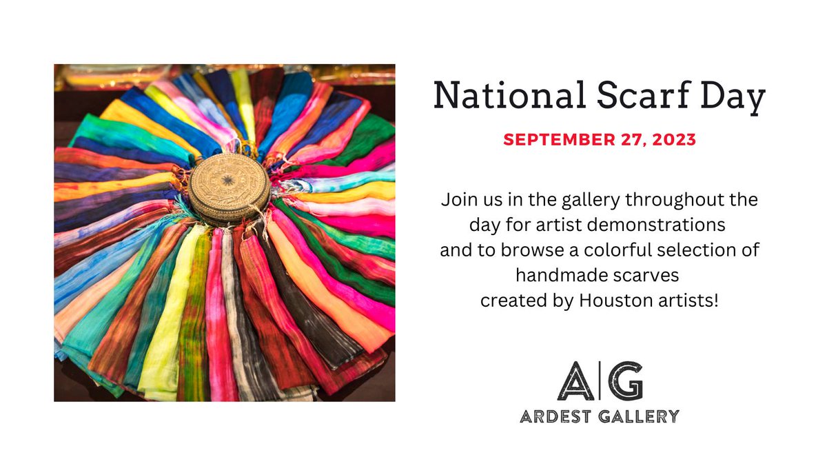 HelloWoodlands's tweet image. TODAY Wednesday, September 27 is National Scarf Day! Stop by Ardest Gallery from 10am-2pm for demonstrations, artist chats, and trunk shows from local artists showcasing scarves. 

View upcoming events at bit.ly/ArdestGalleryE…

#nationalscarfday #supportlocalart #thewoodlands