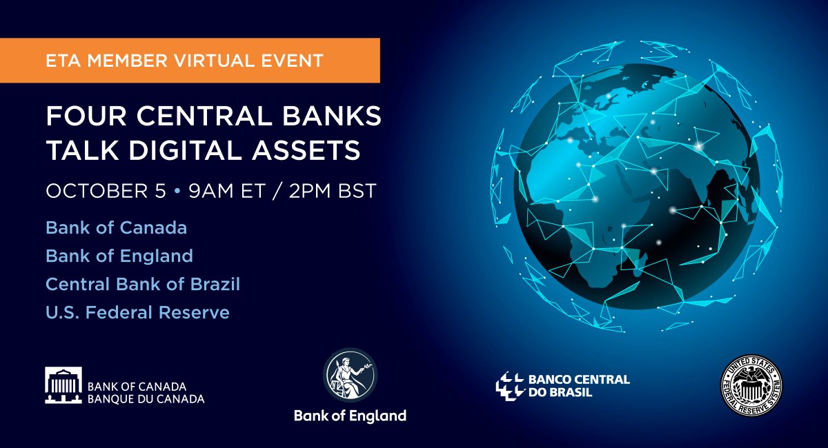 Electronic Transactions Association (ETA) (@electranassoc) on Twitter photo Test cases for CBDC are already underway. RSVP today to hear directly from <a href="/federalreserve/">Federal Reserve</a>, <a href="/bankofengland/">Bank of England</a>, <a href="/bankofcanada/">Bank of Canada</a>, and the <a href="/BancoCentralBR/">Banco Central BR</a> – banks that are shaping the future of cryptocurrency – at ETA’s exclusive, members-only virtual event: Four Central Banks Talk Test cases for CBDC are already underway. RSVP today to hear directly from <a href="/federalreserve/">Federal Reserve</a>, <a href="/bankofengland/">Bank of England</a>, <a href="/bankofcanada/">Bank of Canada</a>, and the <a href="/BancoCentralBR/">Banco Central BR</a> – banks that are shaping the future of cryptocurrency – at ETA’s exclusive, members-only virtual event: Four Central Banks Talk