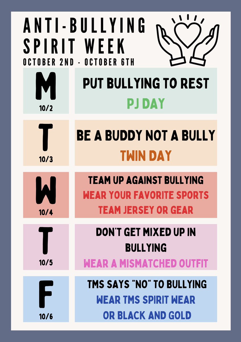 Spirit Week coming up next week for the kick off of Anti-Bullying Month. #TMSsleuth #TurnerFamily
