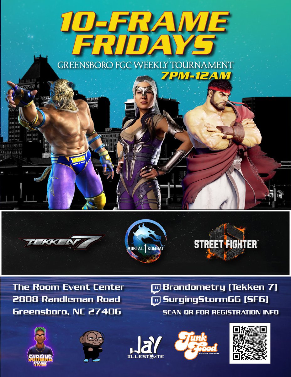 This Friday! 

@ The Room Event Center
FGC tourney in Greensboro, NC

🎮 #T7 #SF6 and #MK1
⏱️ Doors 7pm, Brackets start at 8pm
💰$10 Venue $5 Entry
📝 PreReg start.gg/10FF4
📺 twitch.tv/surgingstorm and brandometry