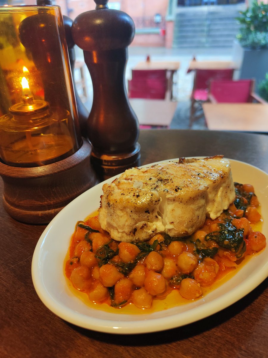 Tonight's special - Cod a la plancha with a spinach and chickpea stew!