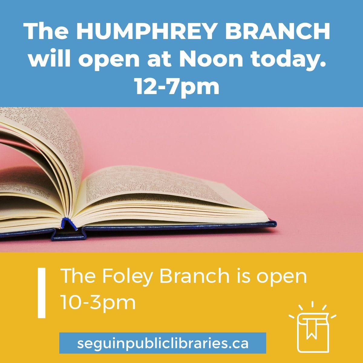 The Humphrey branch will being opening at Noon today, 12-7pm, and the Foley branch is open 10-3pm.  We look forward to having the Foley Book Club meeting today at 2pm to review September's Pick: The Five People You Meet in Heaven by Mitch Albom. #librarynews #libraryupdate