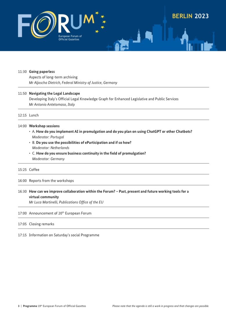 One day to go to the 19th edition of the European Forum of Official Gazettes, hosted by the Federal Ministry of Justice of Germany
#Berlin
#EuropeanUnion
#Bundesgesetzblatt
<a href="/EuropeanForumOJ/">European Forum OJ</a>
@EULawDataPubs
<a href="/EUPublications/">EU Publications</a>
@EU_opendata
@bmj_bund  
Check out the programme!
