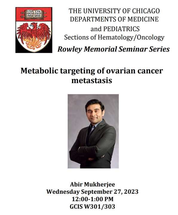 Join today's Rowley Memorial Seminar Series speaker, Abir Mukherjee, PhD (<a href="/Abir_Mukherjee_/">Abir Mukherjee, PhD</a>), discussing the role of adipose tissue in ovarian cancer metastasis.
<a href="/UChicagoMed/">UChicago Medicine</a> <a href="/UCCancerCenter/">UChicagoCancerCenter</a> <a href="/UChicagoHemOnc/">University of Chicago Hematology/Oncology</a> <a href="/ComerChildrens/">Comer Children's Hospital</a>