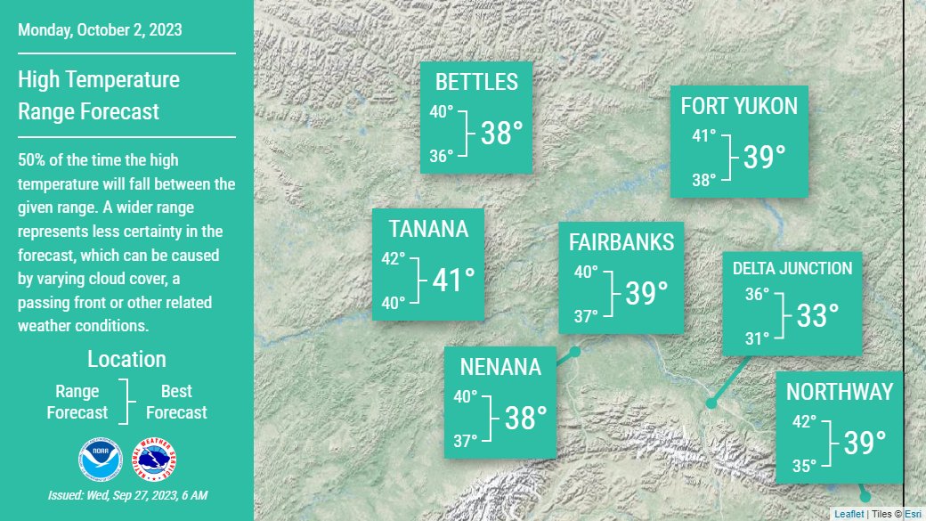 NWSFairbanks's tweet photo. Here are the potential high temperatures for portions of the Interior on Monday as well. Struggling to get out of the 30s in many locations. A pattern change is coming, and winter may be right around the corner. Are you ready??
#akwx #gettingcold https://t.co/RbRk3sNfXO