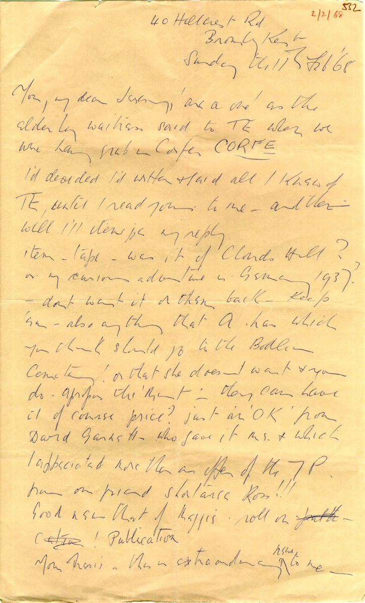 ArchiveWilson's tweet photo. Finding some gems in the Wilson digital archive including this (slightly illegible) letter from Jock Chambers:

"You my dear Jeremy 'are a one' as the elderly waitress said to TE when we were having grub in Corfe".

@MagdLibAndArch https://t.co/0akEMsYEZY