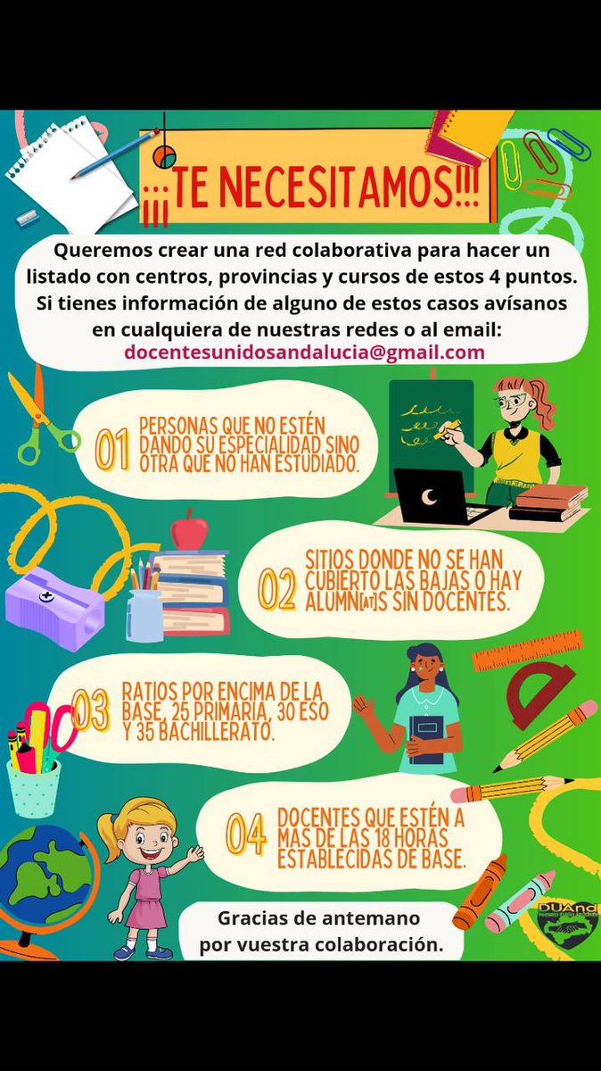 DUAndalucia's tweet photo. Si conoces alguna anomalía que se esté produciendo en tu centro o en cualquier otro, no dudes en escribirnos a: docentesunidosandalucia@gmail.com
# https://t.co/wrgWHQUm0Q
