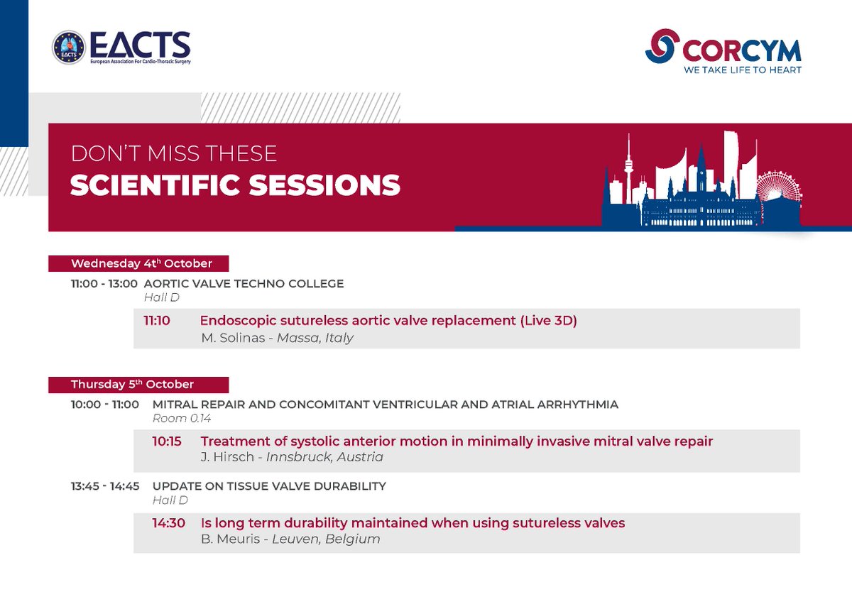 CORCYM_OFFICIAL's tweet photo. Corcym will be present at the 37th EACTS in Vienna! Take a look at the scientific sessions during which you can learn about Corcym's Perceval and Memo platforms.
Corcym team is waiting for you at booth 18. We look forward to seeing you.
#Corcym #EACTS2023 #PercevalPlus #Memo4D https://t.co/dfxgVm3KP3