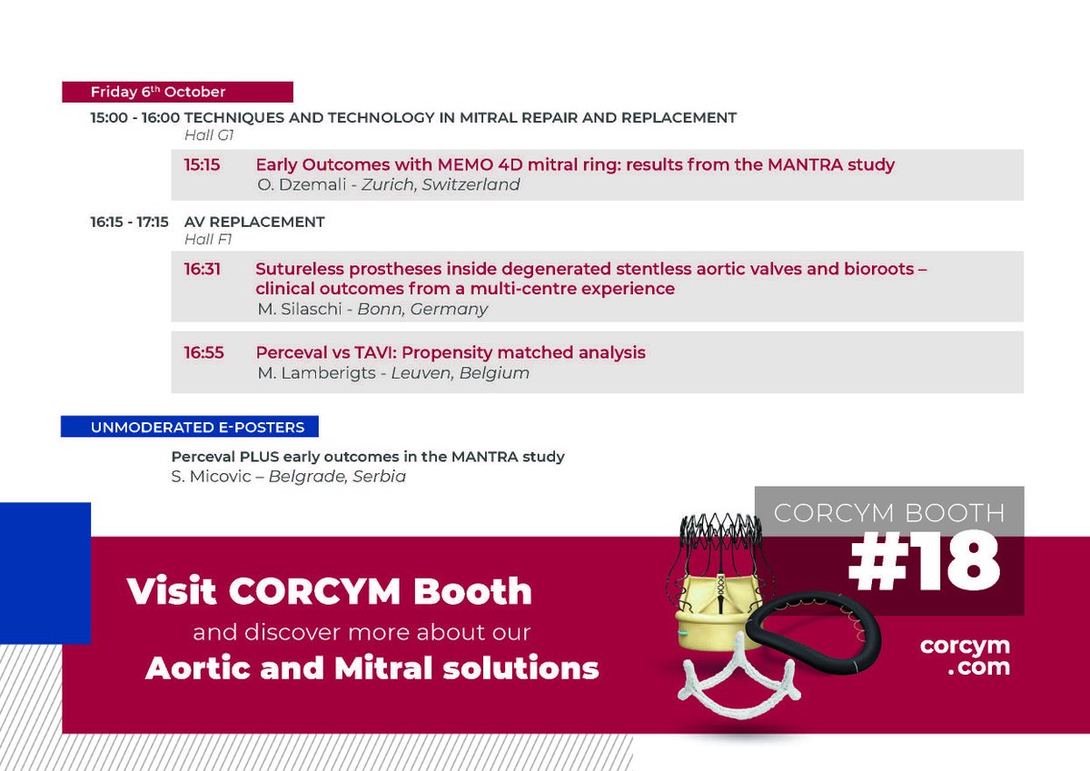 CORCYM_OFFICIAL's tweet photo. Corcym will be present at the 37th EACTS in Vienna! Take a look at the scientific sessions during which you can learn about Corcym's Perceval and Memo platforms.
Corcym team is waiting for you at booth 18. We look forward to seeing you.
#Corcym #EACTS2023 #PercevalPlus #Memo4D https://t.co/dfxgVm3KP3
