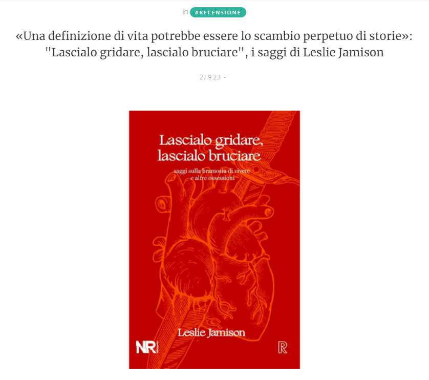 “Come un'eco corporea, le parole di Jamison sedimentano da qualche parte e poi a un tratto risuonano di nuovo”.

<a href="/ClaConsoli/">Claudia Consoli</a> recensisce “Lascialo gridare, lascialo bruciare” di <a href="/lsjamison/">Leslie Jamison</a>, trad. @simonasiri (amzn.to/44wdAzn), per <a href="/CLetteraria/">CriticaLetteraria</a> 

👉 criticaletteraria.org/2023/09/lascia…