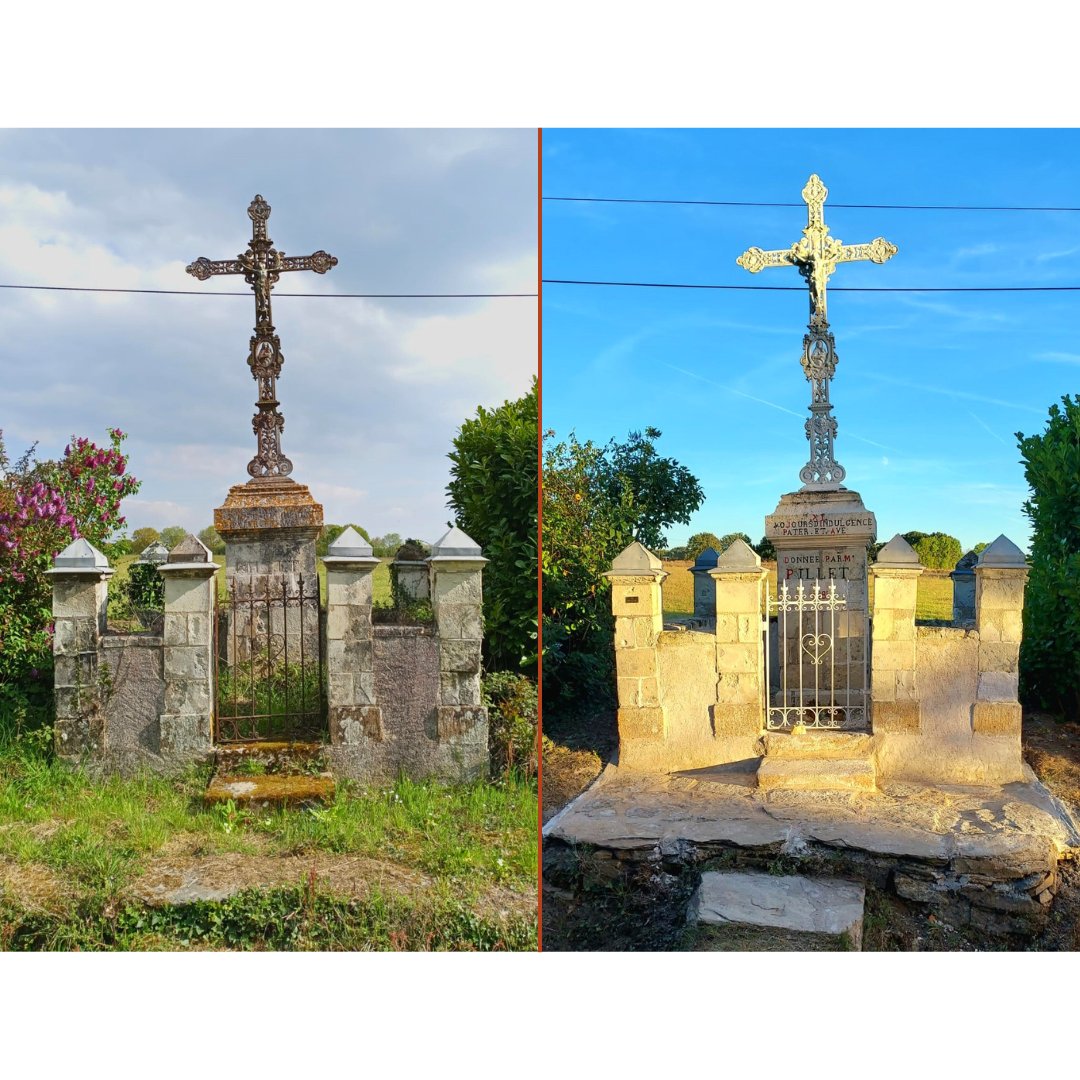 soscalvaires's tweet photo. Il a fallu plus de 2 ans de #travaux pour la #restauration entière de ce #calvaire !
#Décapage + #peinture de la #croix et de la grille
Restauration des piliers de tuffeaux, du #socle central, des murets de #pierres, du #perron, du #dallage et des #enduits à la chaux https://t.co/YR8dEx5Lsw