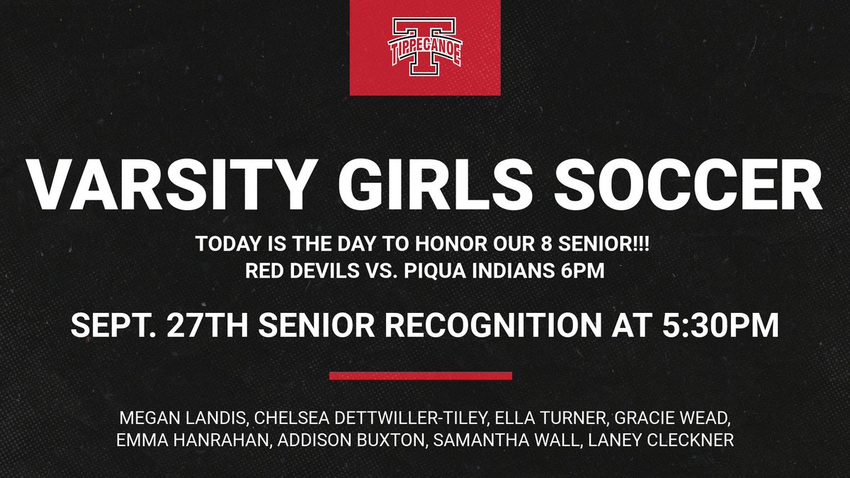 Come out to City Park to celebrate our seniors at 5:30pm.   Megan Landis, Chelsea Dettwiller-Tiley, Ella Turner, Gracie Wead, Emma Hanrahan, Addison Buxton, Sam Wall, and Laney Cleckner !!!  Congrats to all!  Tippecanoe takes on Piqua at 6pm.
#SENIORS