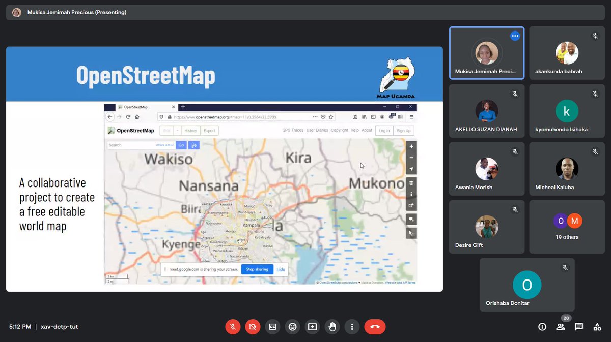 osmuganda's tweet image. Happening now!!!
An online #OpenMapping skills session with students from a few universities in Uganda that include Gulu University, Lira University, Kabale University, Ndejje University,...
We started off with introduction to #OpenStreetMap led by @Jemimah_Mukisa
1/