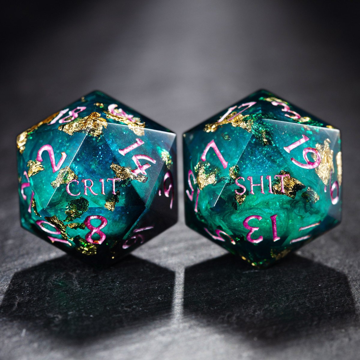 CrystalMaggie2's tweet photo. These green glitter liquid core dice are filled with a swirling liquid core and feature crit words. They're the perfect addition to any tabletop gamer's collection!❤️😍🔥

#dnd #dice 

Order here➤ https://t.co/So27N9uyKB https://t.co/rqrMnQzLXW