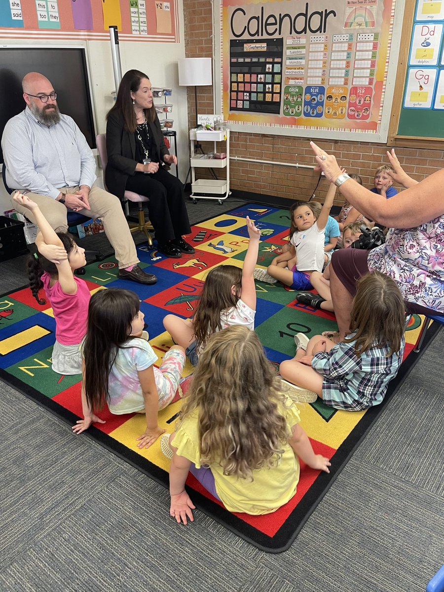 swaneyusd260's tweet photo. Mrs. Nuckoll's Kindergarten class got a chance to get to know Superintendent Heather Bohaty, @derbysupt,  and Mr. Addis, @addisjoel  yesterday! https://t.co/m6o1ZZUN25