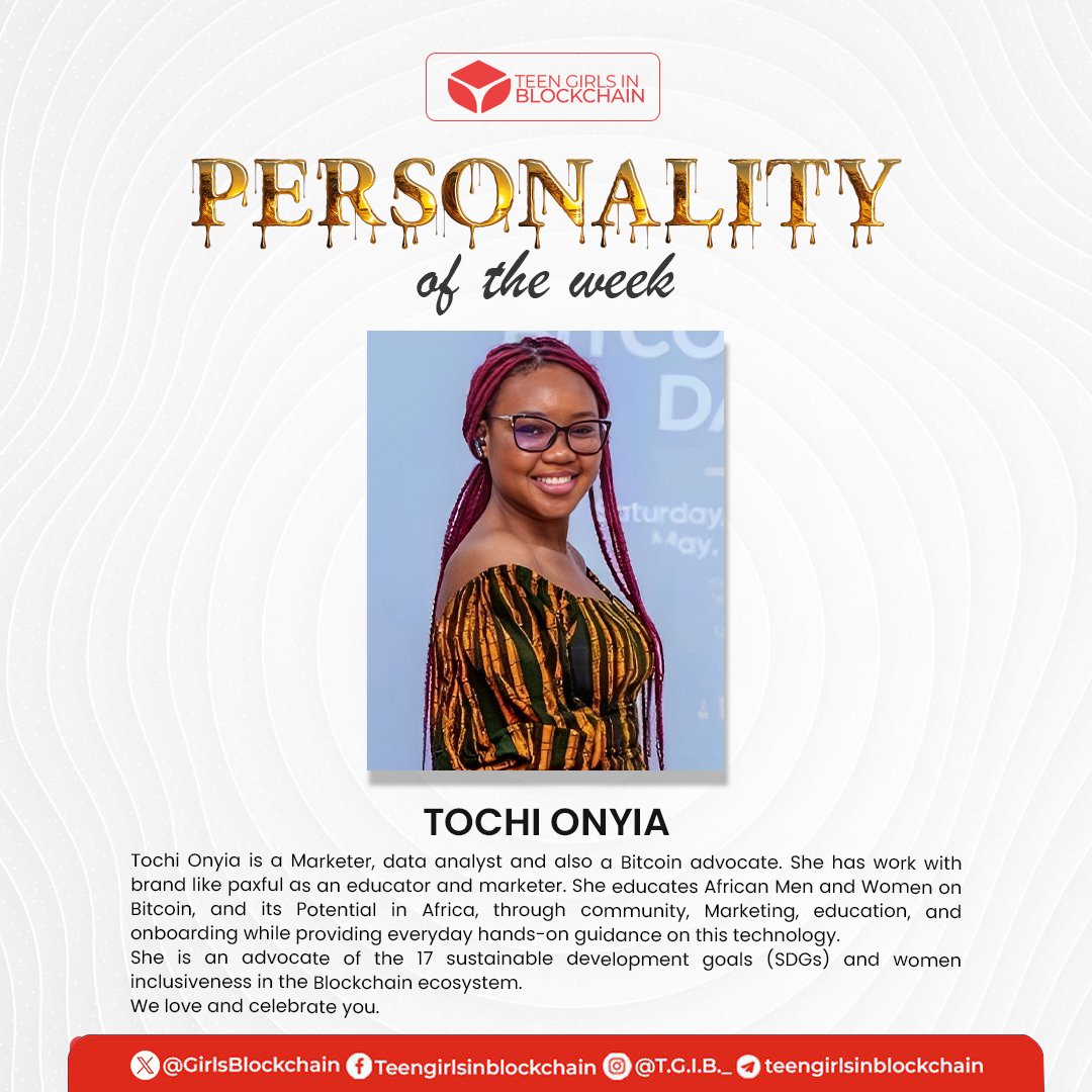 GirlsBlockchain's tweet photo. Meet our Personality of the Week: Tochi Onyia
Tochi is already making waves in the world of blockchain. She is an advocate of the 17 sustainable development goals (SDGs) and women inclusiveness in the Blockchain ecosystem.
#TeenInTech #TochiOnyia #BlockchainWonder #Tgib https://t.co/XVYH74EeyP