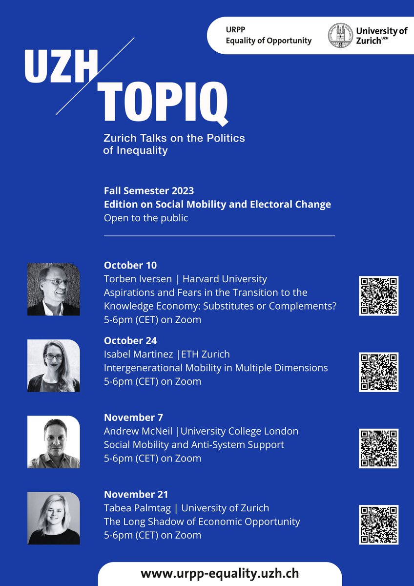 We are launching another round of the Zurich Talks on the Politics of Inequality TOPIQ @URPP_Equality @IPZ_ch This edition will be on Social Mobility and Electoral Change with a Keynote by Torben Iversen (Oct 10, 5pm). Online and open for everyone! ipz.uzh.ch/de/forschung/u…