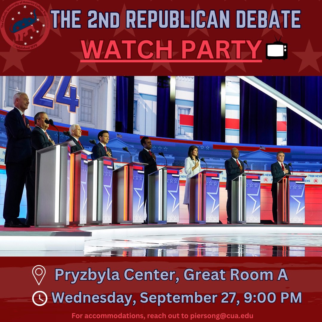 CUA_Republicans's tweet photo. Don’t forget — tonight is the second Republican Presidential Debate🔥🇺🇸

CUA Republicans is proud to be hosting a watch party in Pryz Great Room A. We hope to see you there Cardinals, and make sure to enjoy some pizza, which we are providing to all who attend‼️

#GOPDebate https://t.co/ijGXKdqS1V