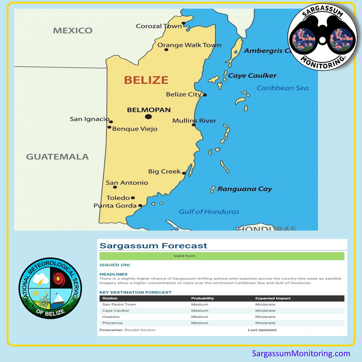 SargaMonitoring's tweet photo. NEW - NUEVO - NOUVEAU 
https://t.co/vlTjv6XpVZ

Last #sargassum forecast #Belize!
Dernières prévisions de #sargasse #Bélize !
¡Último pronóstico #sargazo #Belice !

 #sargasso #sargassi #algues #algea #seaweed #sargassummonitoring https://t.co/uWlij10tGQ