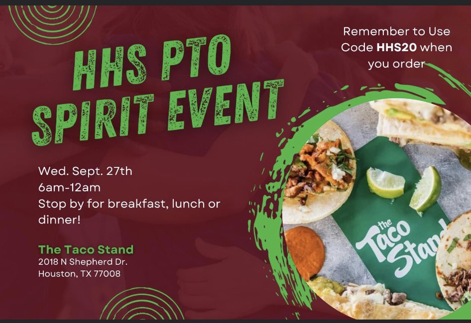 TACOS!!! TODAY!! Support our PTO all day long at THE TACO STAND!! The code is HHS20. See you there!🌮🌮🌮