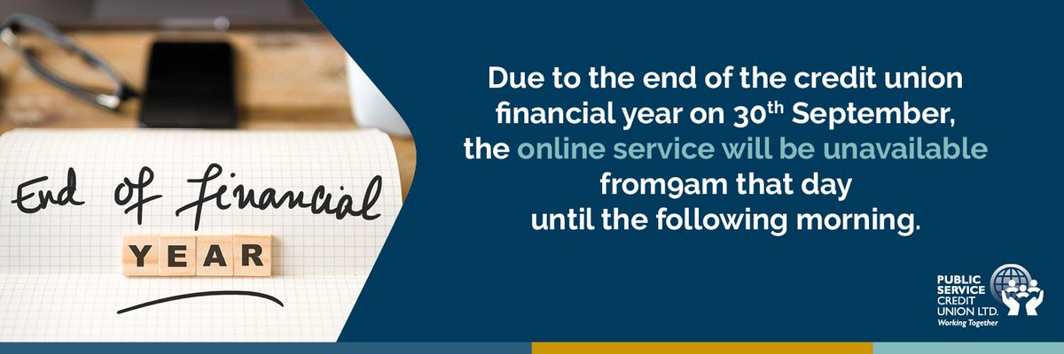 pscu_ie's tweet photo. Due to the credit union year end, the online service will be unavailable from 9am Saturday 30 September until Sunday morning.
#publicservicecu #creditunion #offline https://t.co/8gth95HdJm