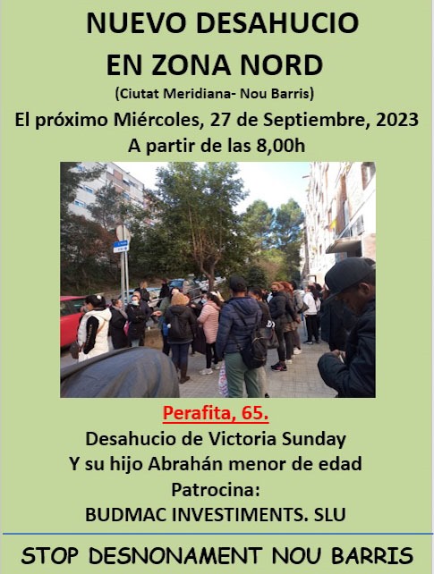 LaMeriHabitat's tweet photo. Victoria Sunday i el seu fill menor volen viure a Ciutat Meridiana. BUDMAC INVESTIMENTS S.L.U. no ha volgut pactar un lloguer social. Avui dia 27 de setembre, després de 12 cotxes de Mossos d'esquadra els han deixat sense casa. 
Quina barbaritat de societat tenim. https://t.co/8CCsrKRxcM
