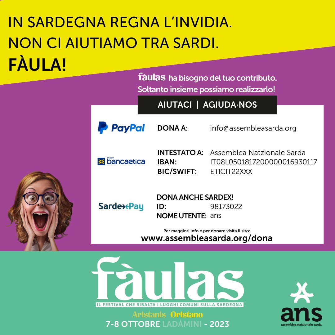 assembleasarda's tweet photo. 🙏🏻 Ribaltiamo insieme i luoghi comuni sulla #Sardegna. Dacci una mano, anche tu puoi essere utile!

Soltanto insieme possiamo realizzare #Fàulas il 7 e 8 ottobre a #Oristano.

𝗣𝘂𝗼𝗶 𝘀𝘂𝗽𝗽𝗼𝗿𝘁𝗮𝗿𝗰𝗶 𝗶𝗻 𝘃𝗮𝗿𝗶 𝗺𝗼𝗱𝗶: 📷visita https://t.co/RMMChuKw4D https://t.co/ByHokX0KdT