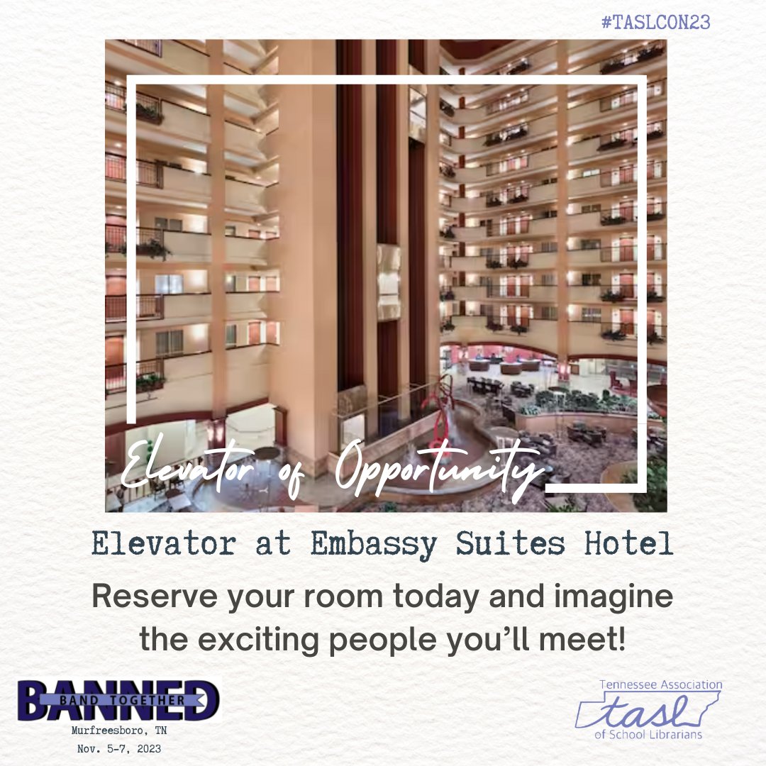 TASLTN's tweet photo. The special conference rate for rooms is ending soon. Reserve your room today and be prepared to run into your favorite librarians, famous authors, and #TASLCon23 special guests. #stalkermode๐ #wedontreallyencouragestalking #butchanceencountersareexciting ๐ธ #linkinbio https://t.co/oRy1lBaKSc