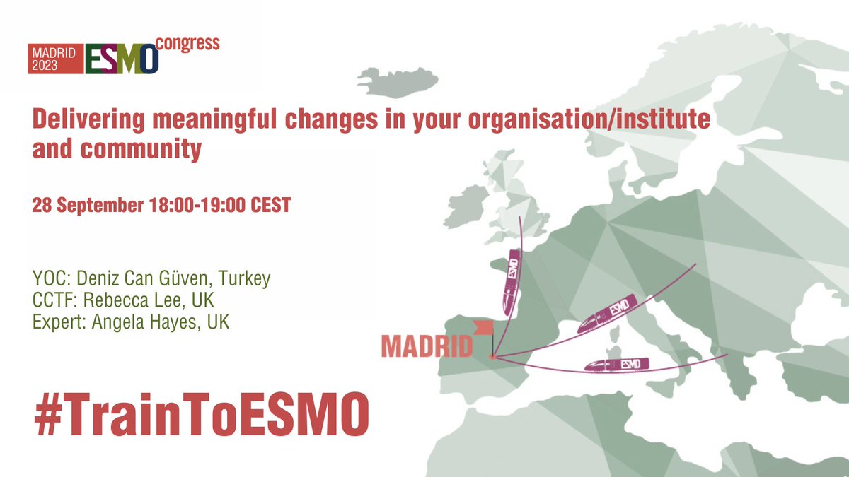 #TrainToESMO: Tomorrow, 28 September, at 18:00 CEST, do not miss the chance to connect with   <a href="/DenizCanGuven1/">Deniz Can Guven</a>, <a href="/BeckiLee/">Becki Lee</a> and Angela Hayes and discuss how to deliver meaningful climate-friendly changes in your institution and community.

📌esmo.org/meeting-calend…
