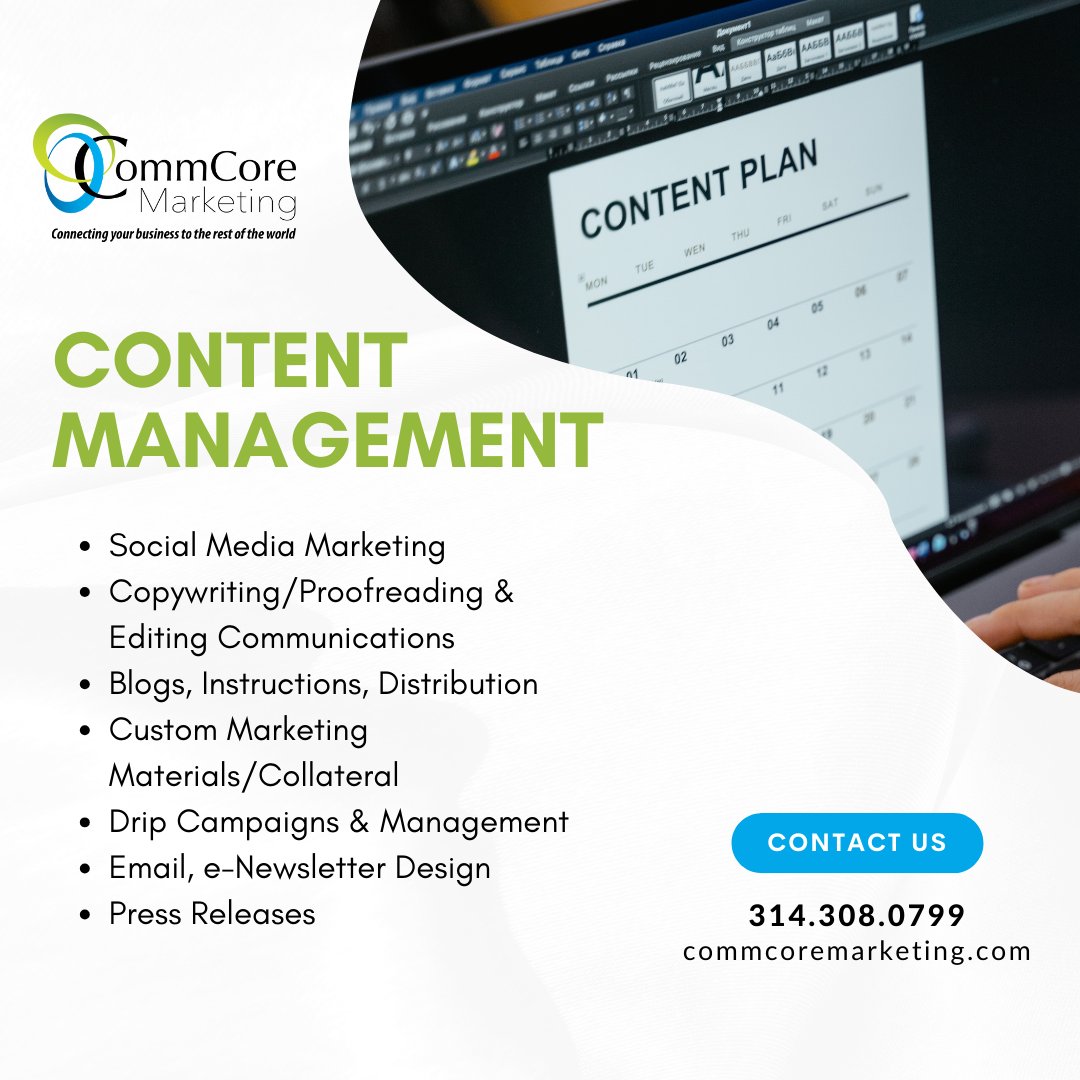 CommCoreMktg's tweet image. Save your time and energy, and let us handle your content marketing needs. Book a consultation today to learn more!

📞 314.308.0799

#contentmanagement #contentmarketing #marketing #marketingteam #marketingservices #businessowner #smallbusinessowner #smallbiz #commcore