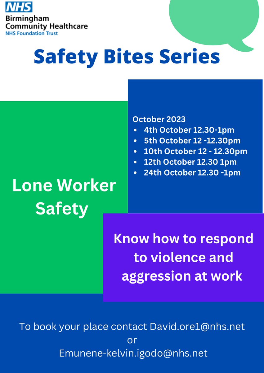 Dont miss the October Safety Bites Series, book your place now! #BCHCbreakingbarriers for colleagues who find themselves in roles that require lone working. @IgodoKelvin @AsrBchc @AdultBchc @rebeccacmartin1 @CoghlanRebecca @CPaintain @jo_peasland @LizaWalsh17 @natashaljones12