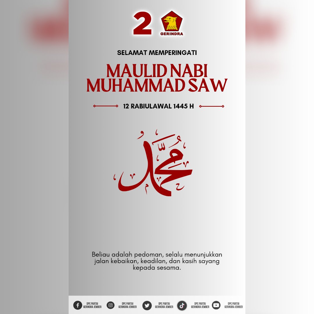 Jember_Gerindra's tweet photo. Selamat Memperingati Maulid Nabi Muhammad SAW, semoga kita senantiasi meneladani sifat, perbuatan yang telah dicontohkan beliau dan mampu menjadi umatnya yang patuh atas perintah Allah SWT. https://t.co/AHQn1VKPY7