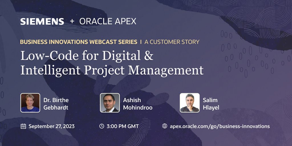 🔴 Starting shorty!

Join us to learn how Siemens Mobility, a leader in transport solutions for more than 160 years, created a real-time visibility across all their projects using #orclAPEX and Autonomous Database.

apex.oracle.com/go/business-in…

#LowCode #Oracle #BusinessInnovations