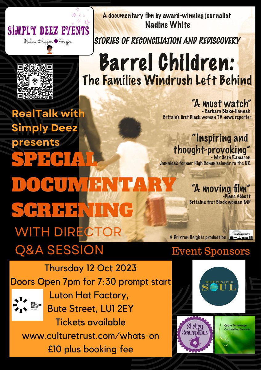 Special Screening of the documentary 'Barrel Children:The Families Windrush Left Behind' with Q&A with the director Nadine White Thurs 12th Oct, Doors Open 7pm for 7:30 prompt start. £11 culturetrust.com/whats-on/real-… #caribbean #caribbeanchildren #blackhistory #luton #lutonevent