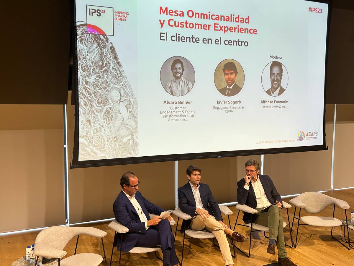AEAPS's tweet photo. Inspiring Pharma Summit: Mesa 4, Omnicanalidad “El cliente en el centro”
Modera Alfonso Formariz (@jaformariz) de @HavasYou e intervienen Javier Sogorb, Engagement manager en @IQVIA_Spain y Álvaro Bellver, Digital Transformation & Customer Experience en @AstraZeneca #IPS23  @AEAPS