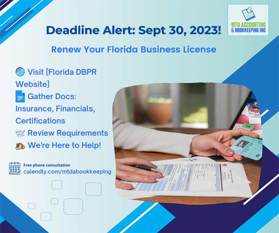 mtdabinc's tweet photo. 📢 Florida Biz Owners! Renew your business license by September 30, 2023, to stay compliant. We're here to help! Contact us at 888-320-0220 or set up a free consultation: https://t.co/8Do4qcWj0I. #FloridaBusiness #LicenseRenewal #bookkeepinghelp #virtualbookkeeping #bookkeeping https://t.co/C3n4VOZzNY