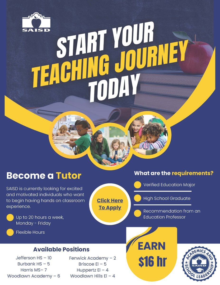 Are you an Education Major? 📚Become a Tutor with SAISD! Up to 20 hours a week Monday-Friday with new hourly rate of $16.00. See flyer for details. 
👉Apply today applitrack.com/saisd/OnlineAp…