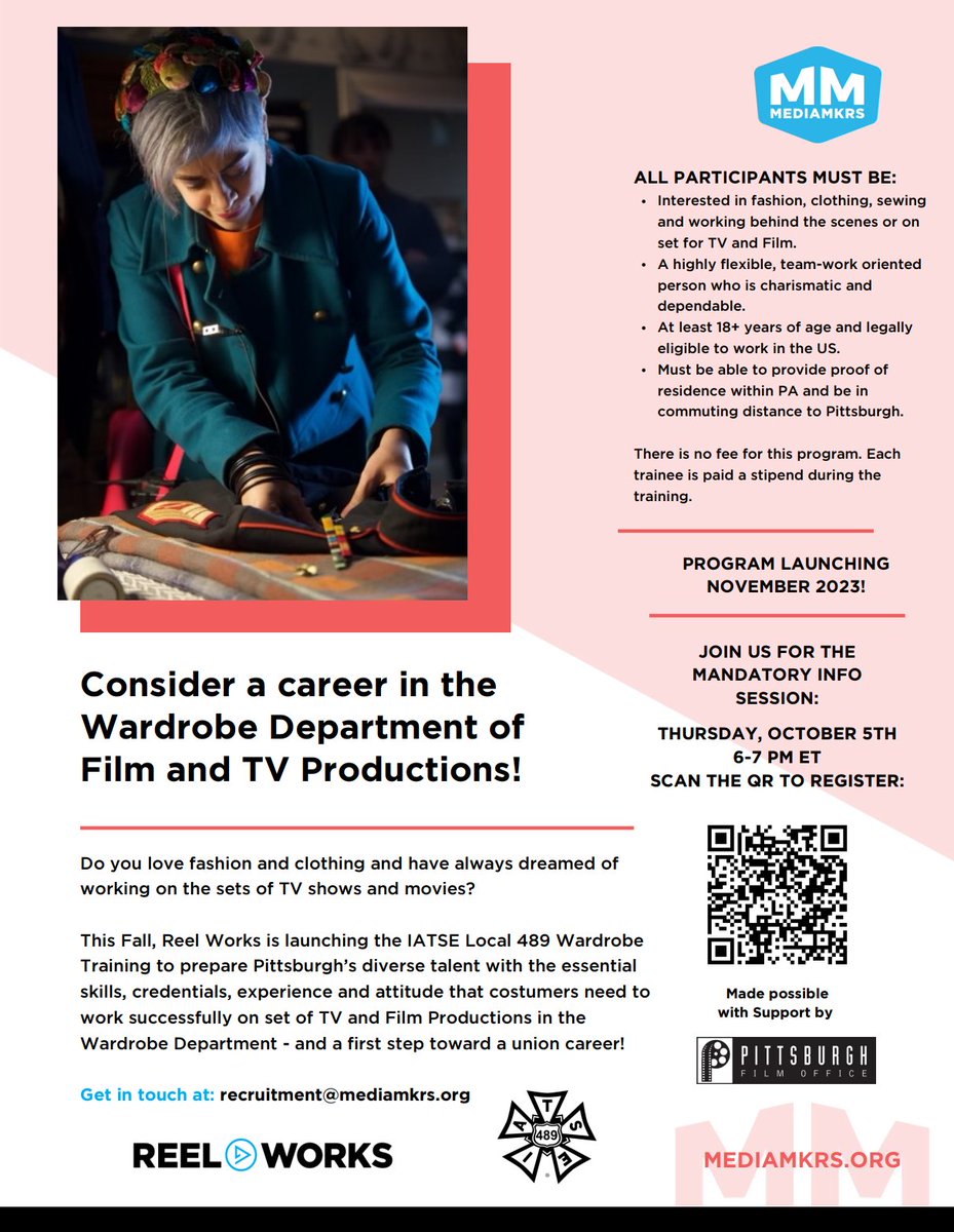 ✂️Do you love fashion and clothing? Have you dreamed of working on the sets of TV shows and movies!? Grab your scissors and sewing supplies and consider a career in the Wardrobe Department!

THIS FALL, join the IATSE Local 489 Wardrobe Training!

#pghfilm #wardrobedepartment