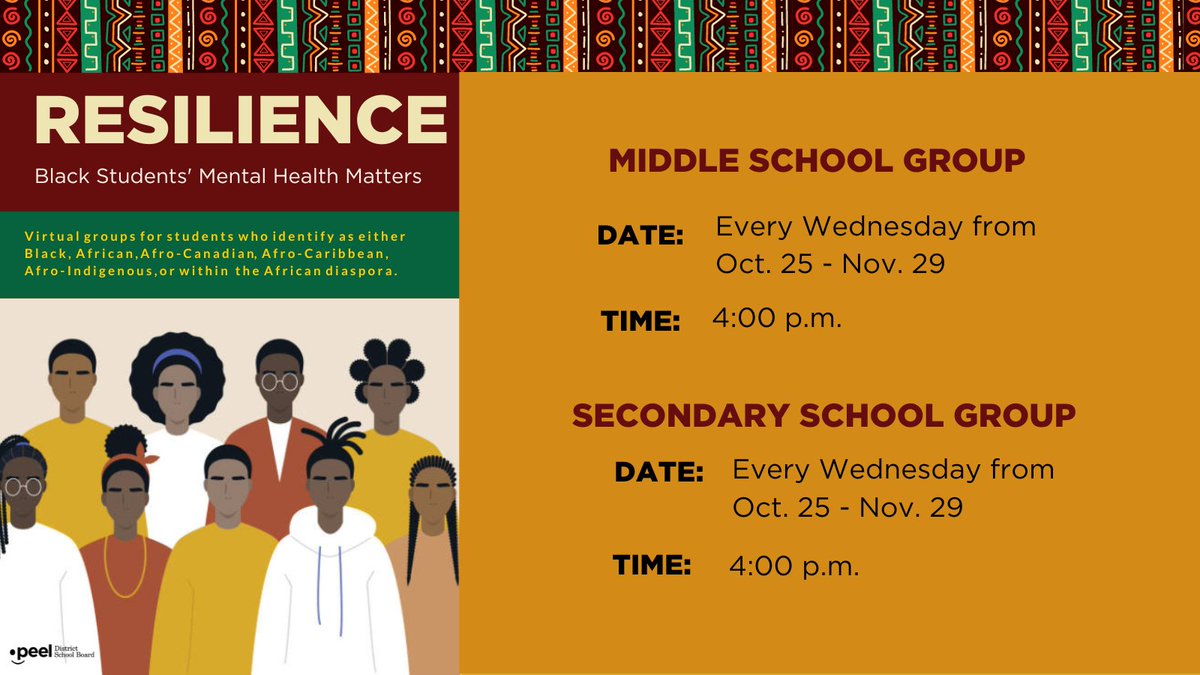 RESILIENCE is a virtual 6-session culturally adapted counseling group for students from grades 6 to 8 and 9 to 12 who self-identify as Black, African, African-Canadian, African-Caribbean, African-Indigenous, and part of the African diaspora.

Register at peelschools.org/mental-health-…