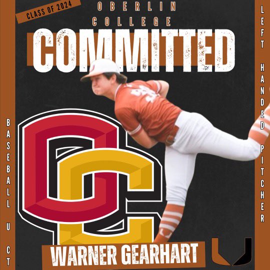 BaseballUCT's tweet photo. Congratulations to 2024 LHP Warner Gearheart (Greenwich Country Day School, CT) on his commitment to Oberlin Collage! We’re all very proud of Warner and his hard work! #ufam #development #whosnext 🙌🏻💪🏻@BaseballU @PerfectGameUSA @Yeo_Baseball @NE_Baseball @warnergear2024 https://t.co/Qf5yGip3lI
