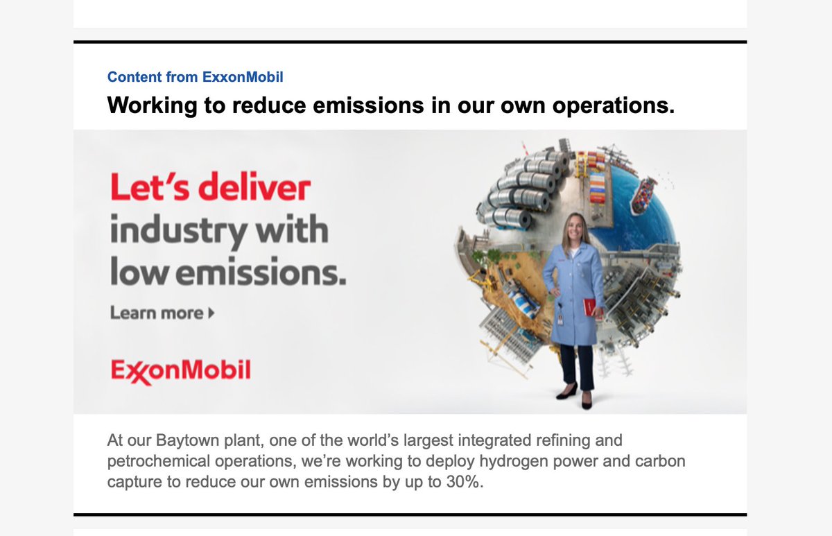 Oh dear lord, <a href="/washingtonpost/">The Washington Post</a>, why is your excellent "Climate 202" newsletter peppered with ads from ExxonMobil?

Aren't you ashamed of being exploited so blatantly by a company that YOUR OWN REPORTING shows has been spreading climate disinformation since the 1970s?