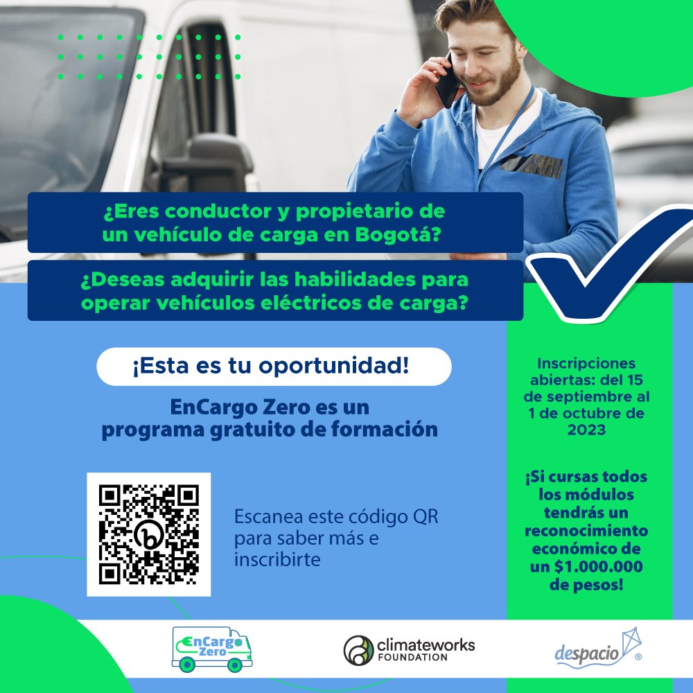 despacio_org's tweet photo. Quedan solo cuatro días para unirse a #EnCargoZero Hagan parte de este programa gratuito de formación, dirigido a personas que conduzcan y sean propietarias de vehículos de carga en Bogotá. Inscripciones: https://t.co/J8Btsw1ImT 🪁 https://t.co/k4thg9W1el