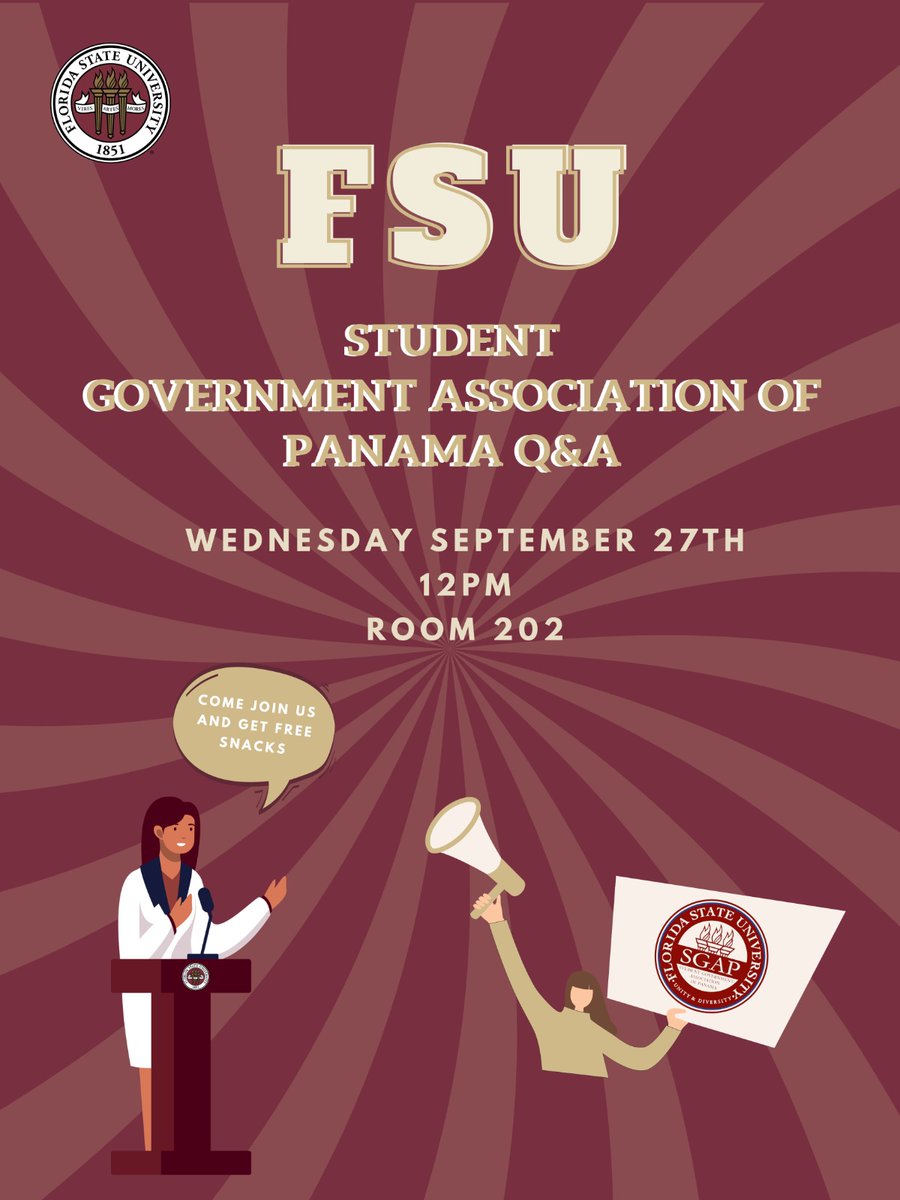 📣 "Come learn about your Student Government and get some 🍩 snacks!"

🗣️ Get to ask about their 📝 proposals, plans and activities in this 🎙️ questions &amp; answers session. Today Wednesday, Sep.27th, 🕛 12PM in @ Room 202.

#fsupanama #floridastateuniversity #studentgovernment