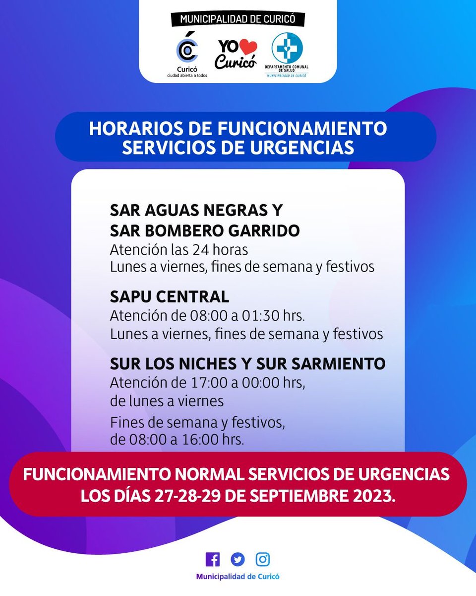 Victor_Curico's tweet image. #Comunal | Los Cesfam, Cecosf y Postas Rurales tendrán turnos éticos, esto debido a la paralización nacional de la Atención Primaria de Salud por demandas hacia el Ministerio de Salud. 

Durante los días 27, 28 y 29 de septiembre, los servicios de urgencias de la comuna atenderán