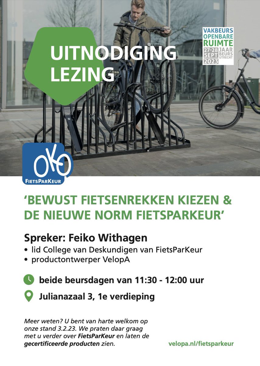Zien wij u morgen tijdens onze lezing? U bent van harte uitgenodigd. #vakbeursopenbareruimte #lezing #fietsparkeur #velopa