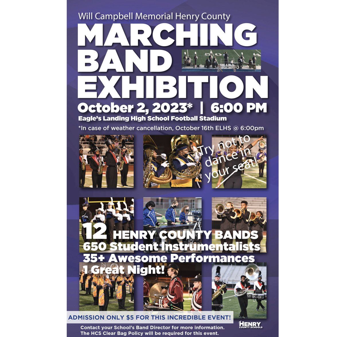 WHS_HCS's tweet image. Want a preview of our full field show? Come to the Will Campbell Memorial Henry County Marching Band Exhibition. Mon, Oct 2 at ELHS. The Wolfpack Marching Band steps off at 7:00pm. Admission is $5 and a Clear Bag Policy is in effect. #weatherthestorm🐺⛈️ #WithPride #bandtober2023