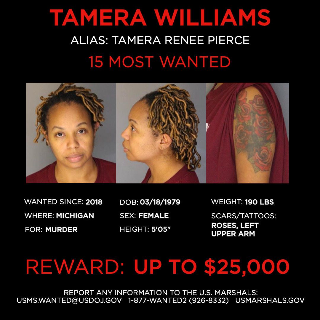 Unsolved's tweet photo. UPDATE: The U.S. Marshals have now named Tamera Renee Williams one of the 15 Most Wanted Fugitives. Do you know where she is? A $25,000 reward could be yours. Join the search and submit a tip to https://t.co/NfZikFAozO. #unsolvedmysteries #WANTED https://t.co/tbmIpdLHH8